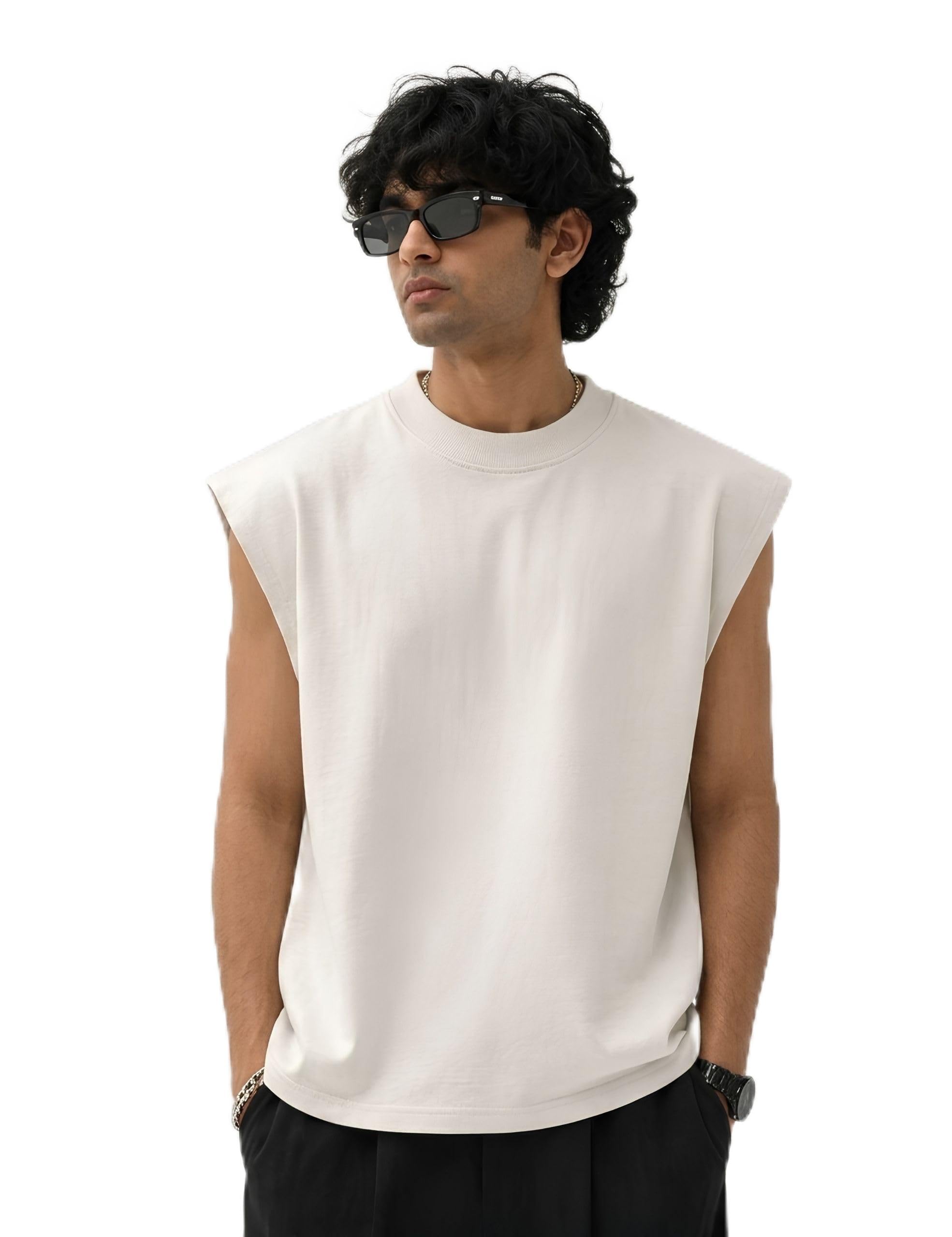 Men's 240 GSM Heavyweight Oversized Sleeveless T-Shirt | 100% Cotton Boxy Fit Tank Top | Breathable Streetwear Vest for Men | Round Neck | Black, White-image-1