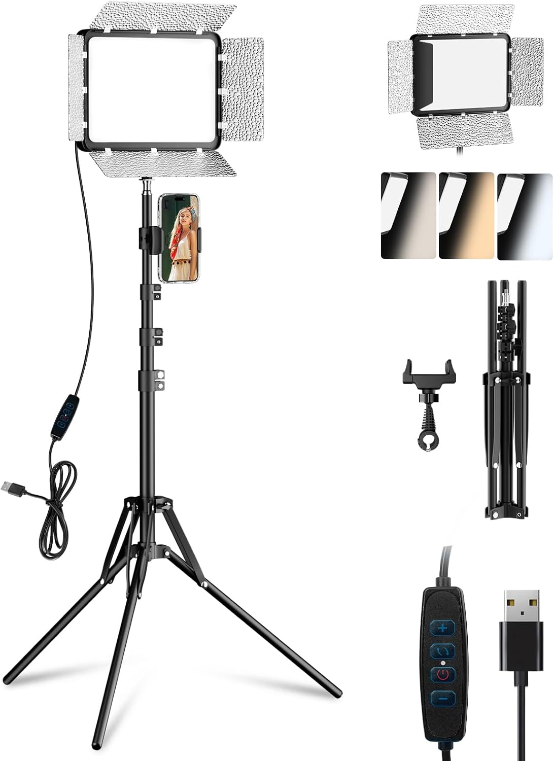 EMART LED Video Light Kit with Phone Holder & Barndoor, 2800-7000K Dimmable Studio Lights for Video Recording, Live Streaming, YouTube, Vlogging, Photography, Content Creation, Podcast, 1-Pack