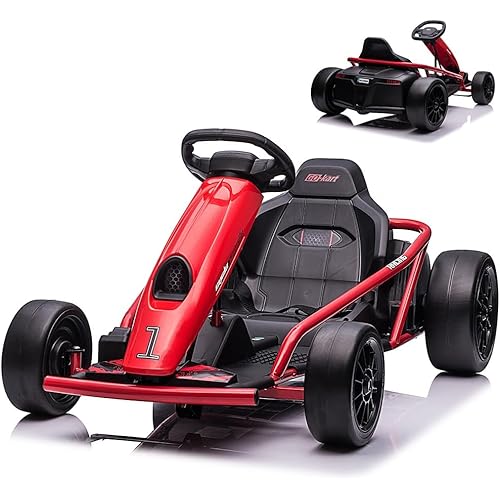 Kids Go-Kart, 12v Drift Kart with Dual 300w Brushless Motors, 8Mph Electric Go Kart, Battery Powered Ride on Racing Car, Rear Wear Resistant Nylon Tires, Music and Horn Honking,Red