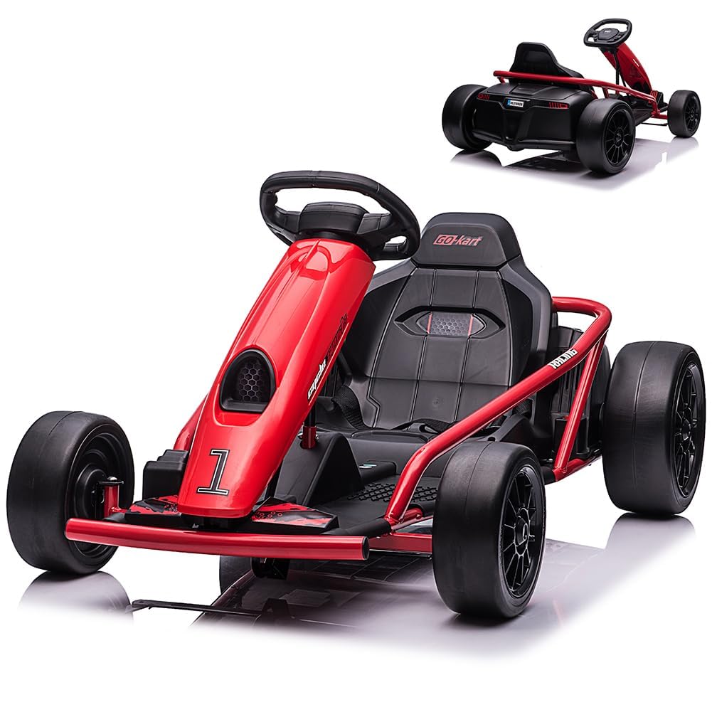AIYAPLAY Drift Kart Électrique 24V – 2 Moteurs 150W – 6 à 18 Km/h – Siège Réglable, MP3, USB – Dès 6 Ans – Rouge