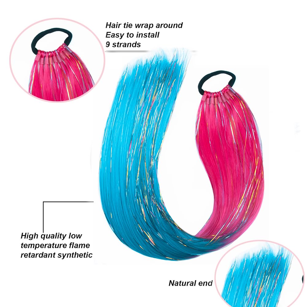 Rainbow Ponytail Extensions with Elastic Tie Glitter Mermaid Coloured Hair Extensions for Braiding Soft Natural Looking Pony Tail hairpiece for Girl Women Cosplay Party (Peach Red Lake Blue) - Image 3