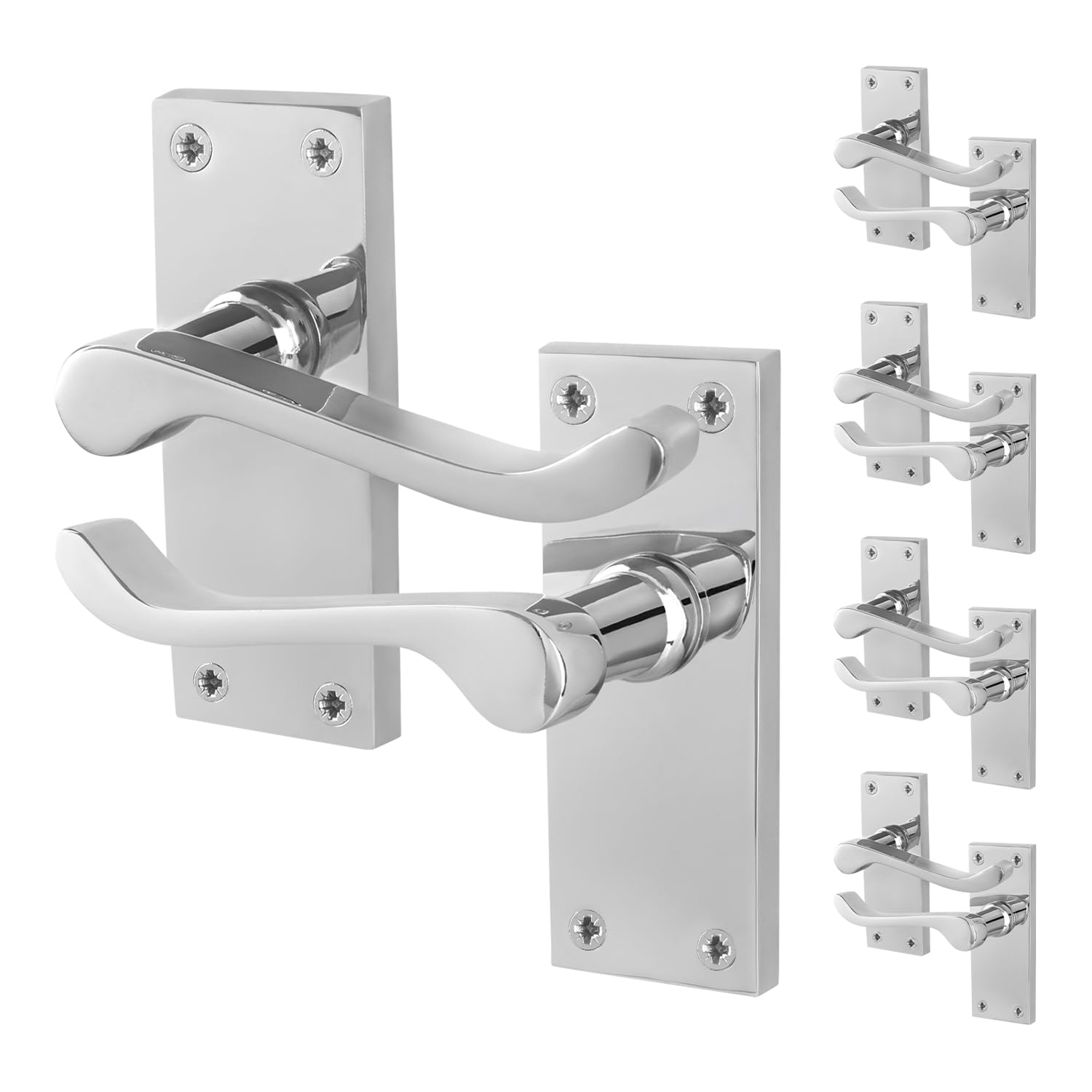 Eai Chrome Victorian Scroll Latch Handles, 5 Pairs Of Polished Internal Lever Door Handles On Backplate