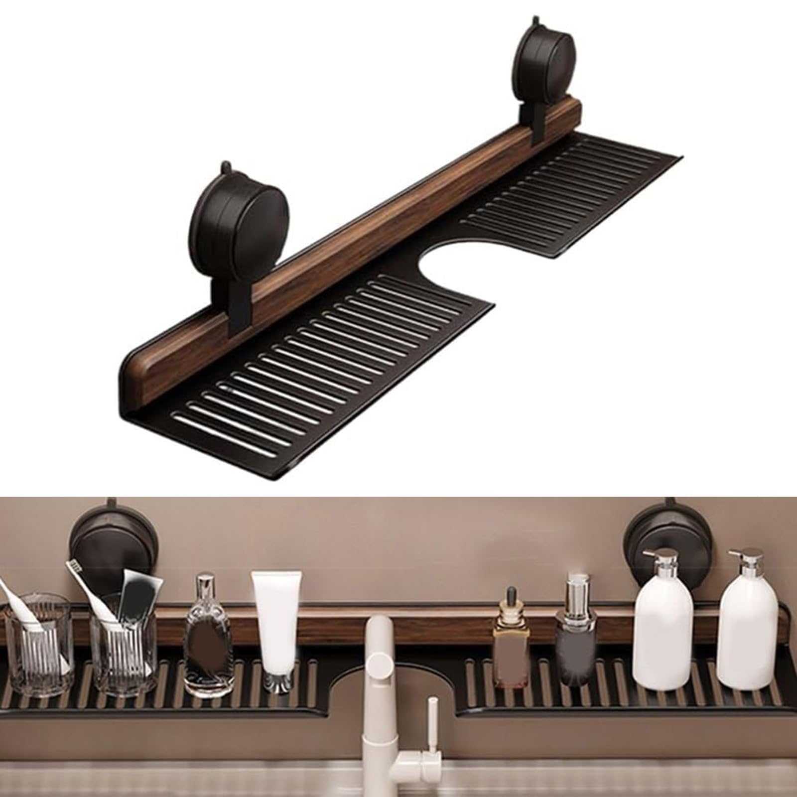 Estante de baño con ventosa, organizador montado en la pared, aleación de aluminio, sin taladrar, con tiras de nogal para baño, caravana, cocina, dormitorio