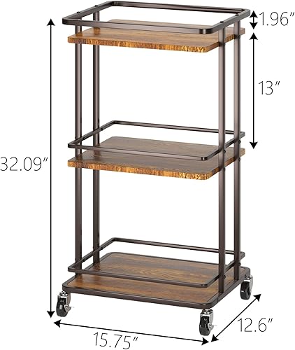 Miniatura 6 de Carrito de barra de servicio rodante de 3 niveles, carrito de almacenamiento de isla de cocina de madera y metal con ruedas, estante de