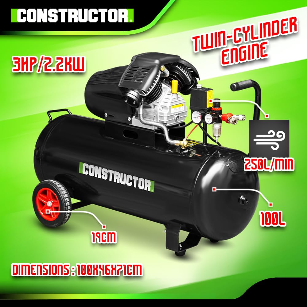 Compresseur à huile 100L bicylindre - 8 bars - 2.2Kw - Constructor
