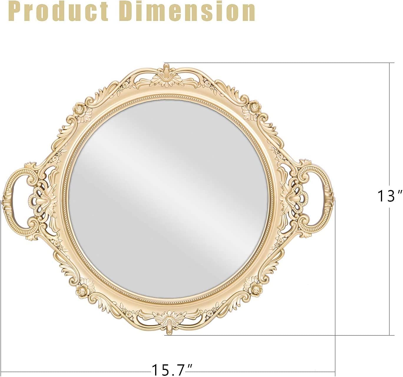 YANIZU Decorative Mirror Tray, Round with Handles, Organizer for Perfume, Makeup, Jewelry, Vintage Display and Serving Tray for Dresser, Counter and Coffee Table, 15.8" x 13", Gold - Image 4