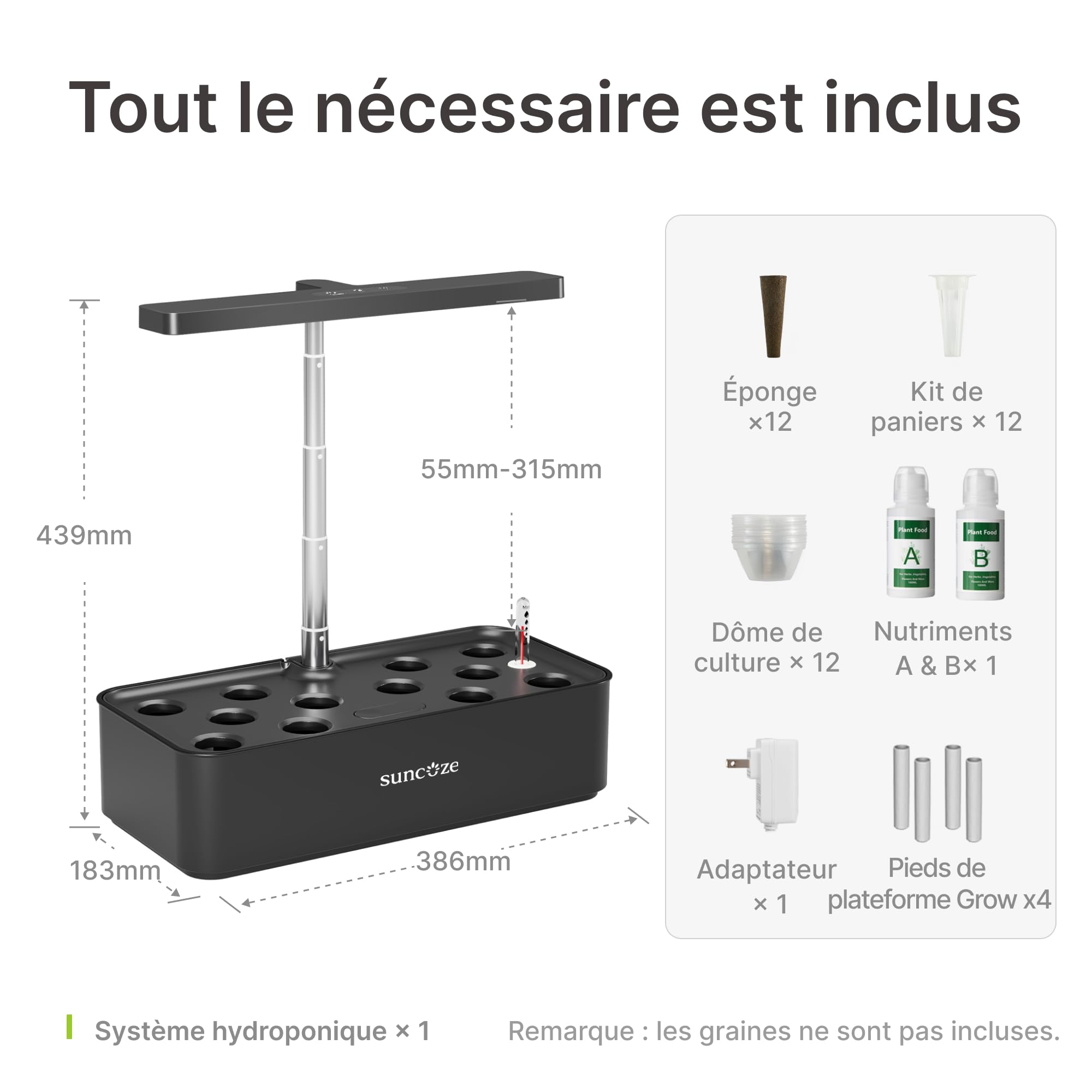 SUNCOZE Potager Hydroponique Smart avec 12 Paniers, Noir | Jardin d'Herbes avec Lampe LED 24W, Hauteur Réglable, Réservoir 4L, Pompe Intelligente Silencieuse, pour Maison et Cuisine