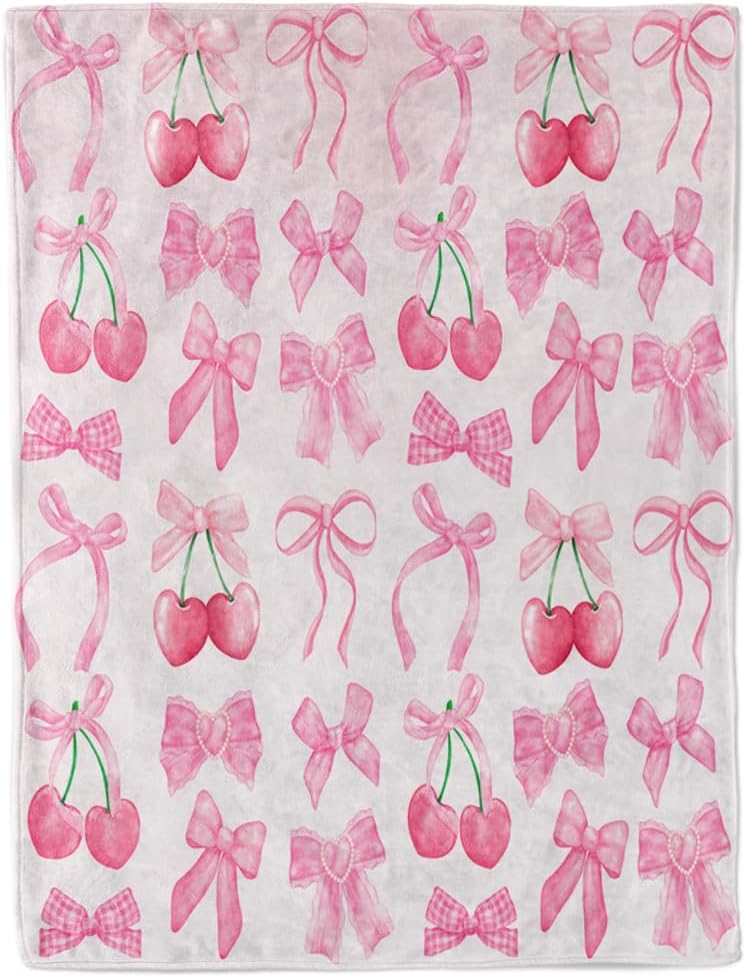 Reateforin Pink Cherry Bow Throw Blanket