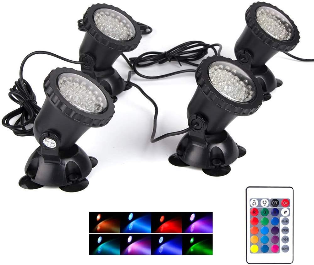 SHOYO Pond Lights, Color Changing Spotlights with Timer, Submersible Fountain Lights Memory Dim Adjustable IP68 Waterproof Underwater RGB for Outdoor Garden Yard Lawn Water Pond Fountain, 4 in Set
