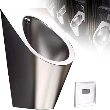 Universal Washout Urinal 304 Stainless Steel Urinal, High Efficiency Urinal with Top Spud, Household/Commercial Mens Adult Urinal Bathroom Toilet, Male Sanitary Ware Pub with Sensor,Silver