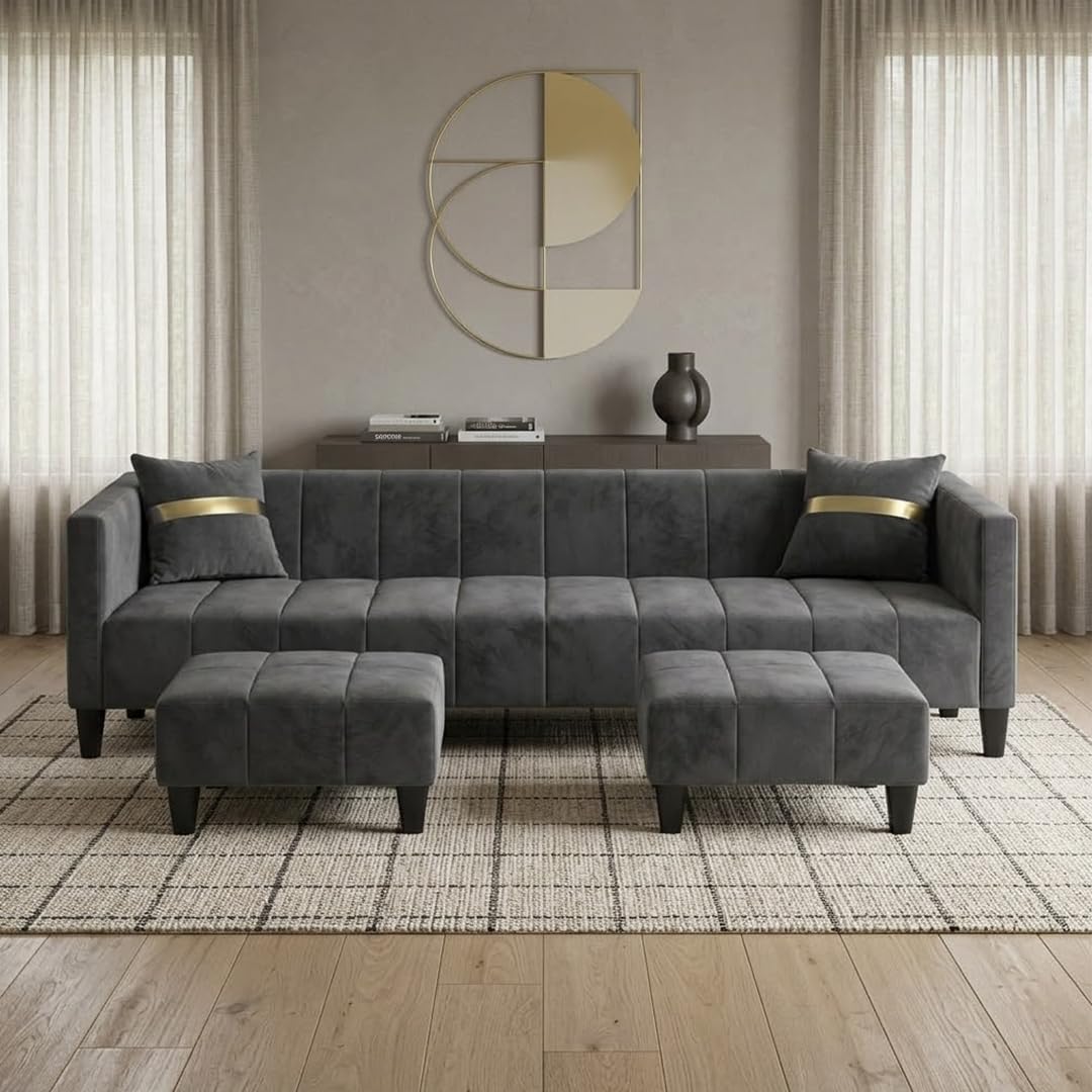 Stylora 4 Seater Velvet Fabric Sofa Set with 2 Ottomans (Dark Gray) | Soft Touch Upholstery | Plush Comfort Cushions | Spacious & Comfortable Seating | Modern Sofa Set for Living Room-image-19