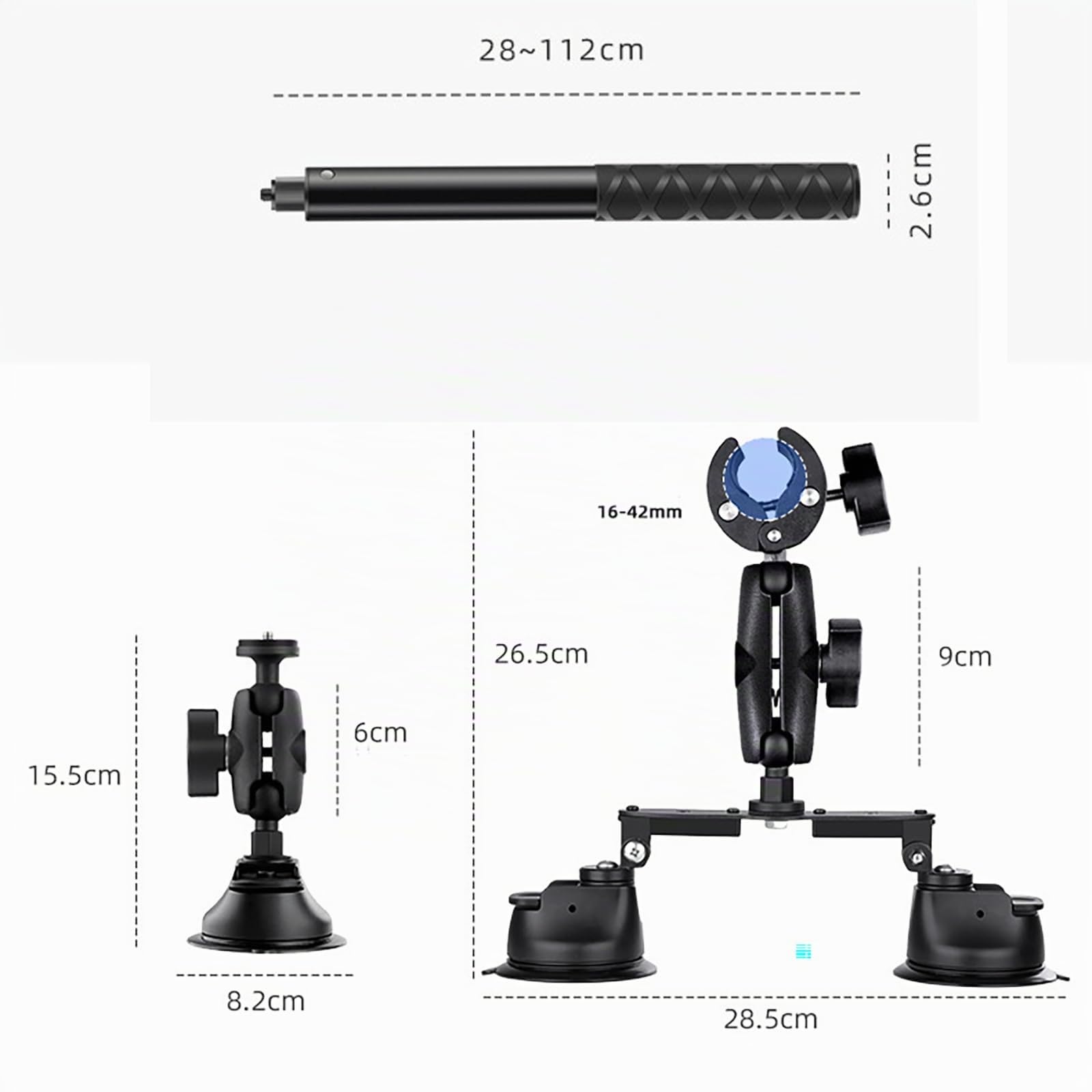 NEWFUN Soporte Camara, Soporte de Ventosa para Coche Kit, Kit Montaje Coche Triple Ventosa, 112 cm Selfie-Stick, Saugnapfhalterung für Dachkamera, Dritte Person Autohalterung für Insta360/Gopro