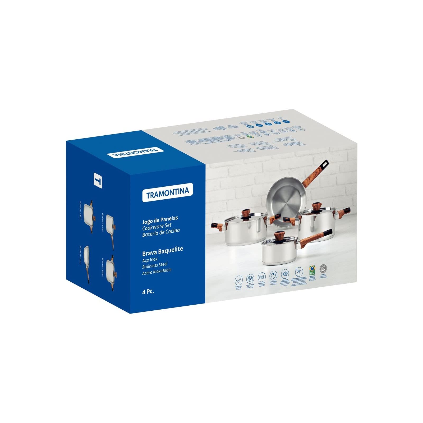 TRAMONTINA - Batería de Cocina Brava Baquelite, de Acero Inoxidable y Terminación Brillante, Juego de Cocina, con Cuerpo Triple y Tapas, Asas, Mangas y Pomos con Efecto Madera, 4 Piezas
