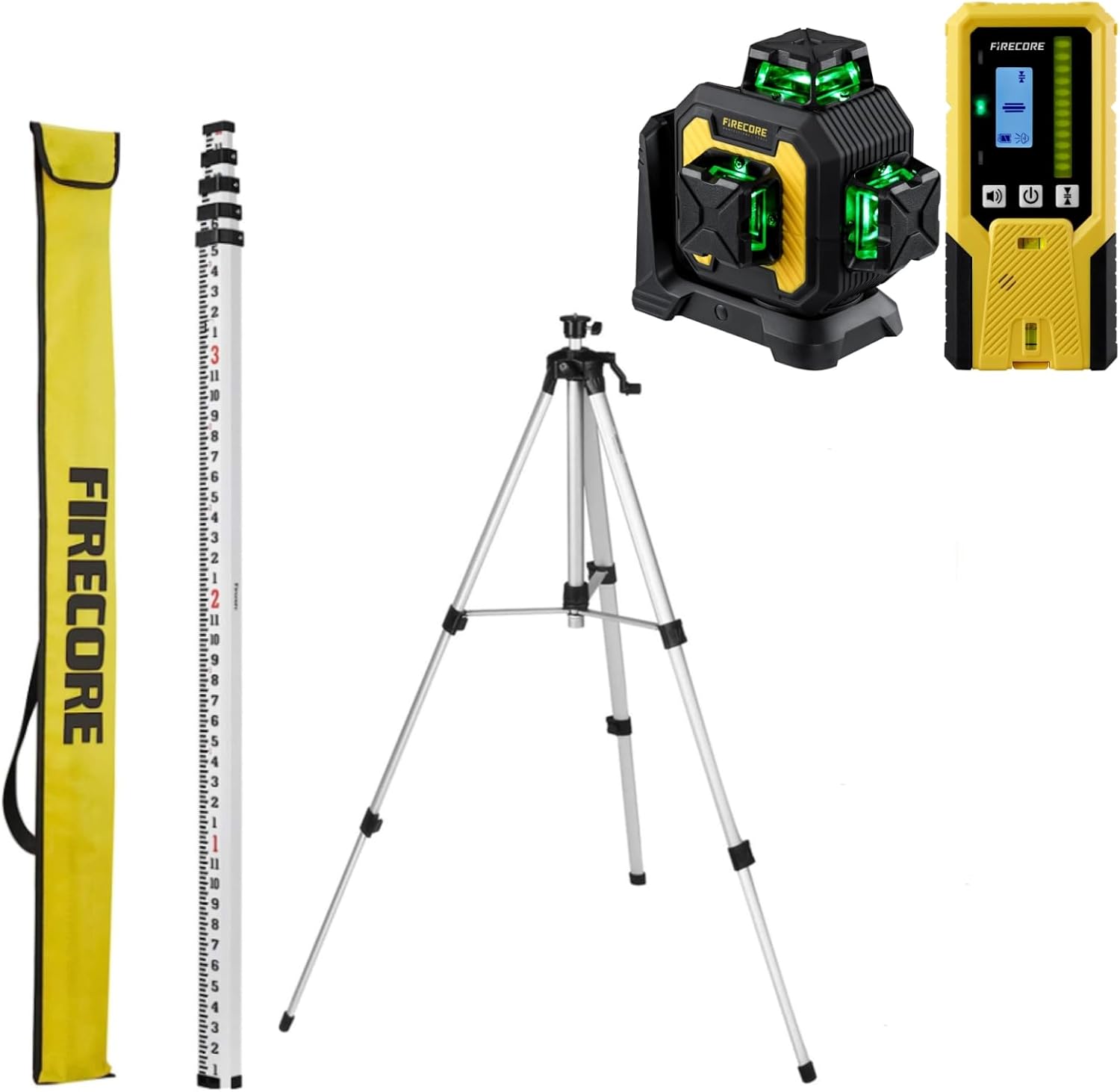 Firecore Laser Tripod, Grade Rod & 3x360° Self Leveling Laser Level with Receiver Combo Set