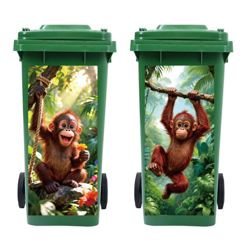 Peacoblue Wheelie Bin Stickers 2 Sheets Orangutan in Forest Sticky Dustbin Stickers Decals, 15" x 32" Waterproof Large Wraps for Trash Cans Bins Fridges Door Wall Garden Outdoor Indoor Patio Decor