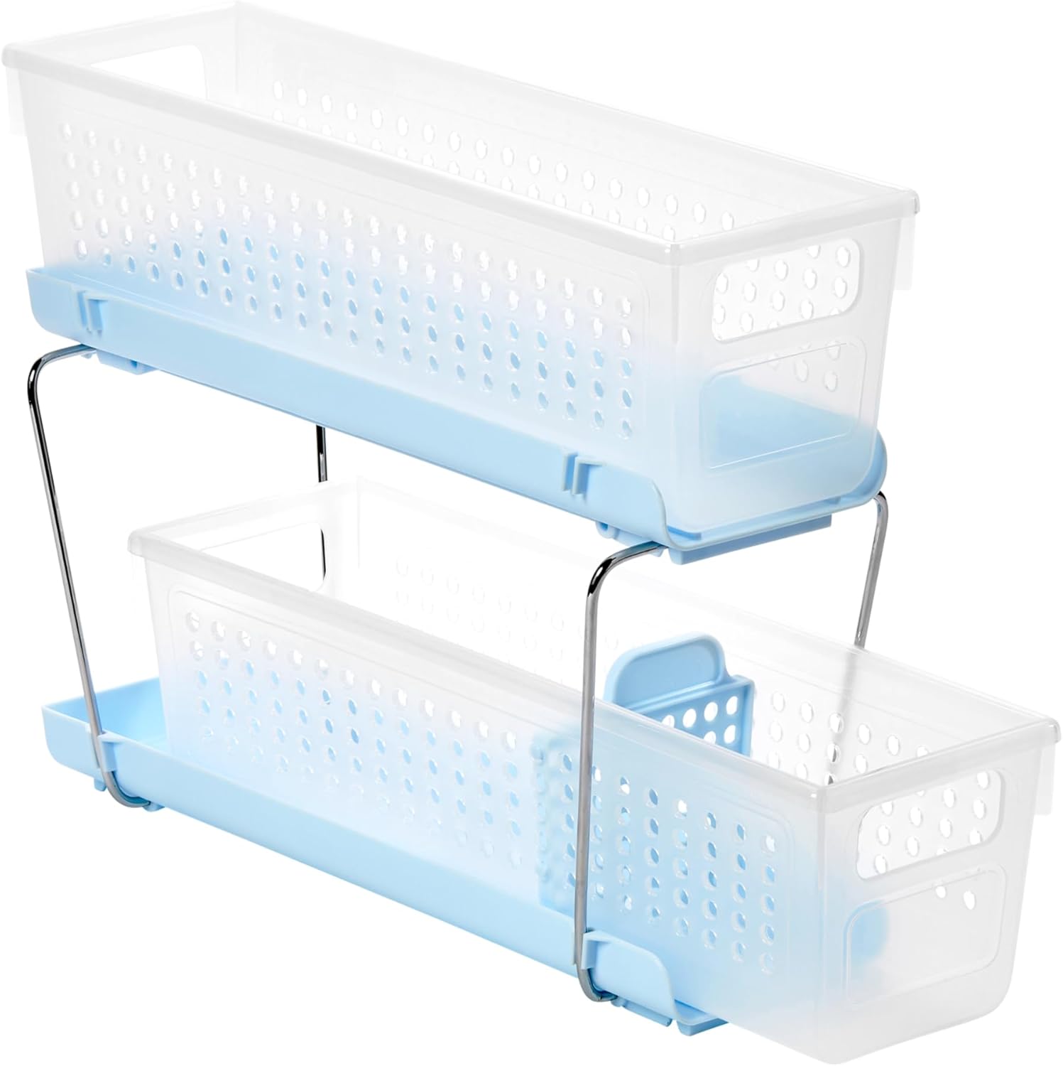 madesmart 2 Tier Bath Organizer, Under Cabinet Storage with Sliding Drawers, for Cleaning Supplies, Pantry, Sponges, Bottles & Kitchen Essentials, Adjustable Dividers & Pull Out Sliding Baskets, Blue
