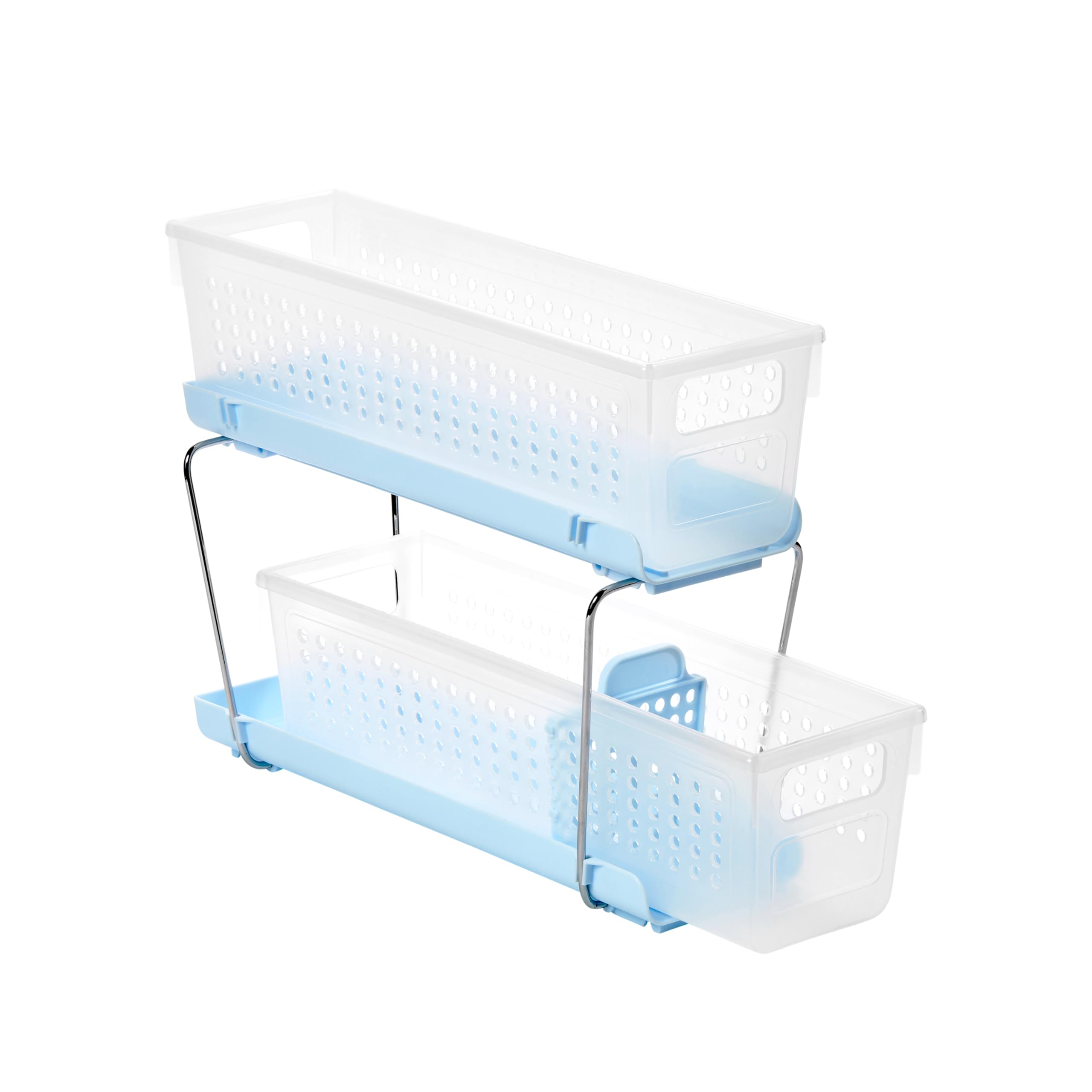 madesmart Mini Organizador Multiusos de plástico de 2 Niveles con contenedores de Almacenamiento deslizantes divididos, Estante Organizador Compacto Debajo del Fregadero y gabinete, Escarcha