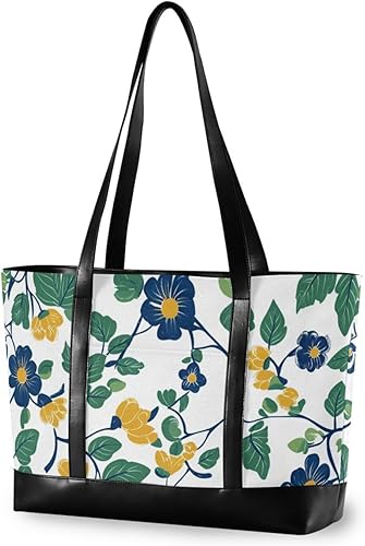 KLL Vintage Floral Motifs Green Leaves classy laptop case for women with zipper work purses Large Handbag for flight with bolsos para mujeres