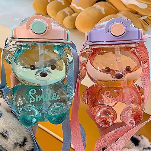 Cute Kawaii Bear Water Bottle With Straw And Strap Portable Leak-Proof Water Bottles With Carrying Loop For Kids Girls Boys Women Outdoor Sports Camping Picnic Travel 34Oz (Purple) #TOP3