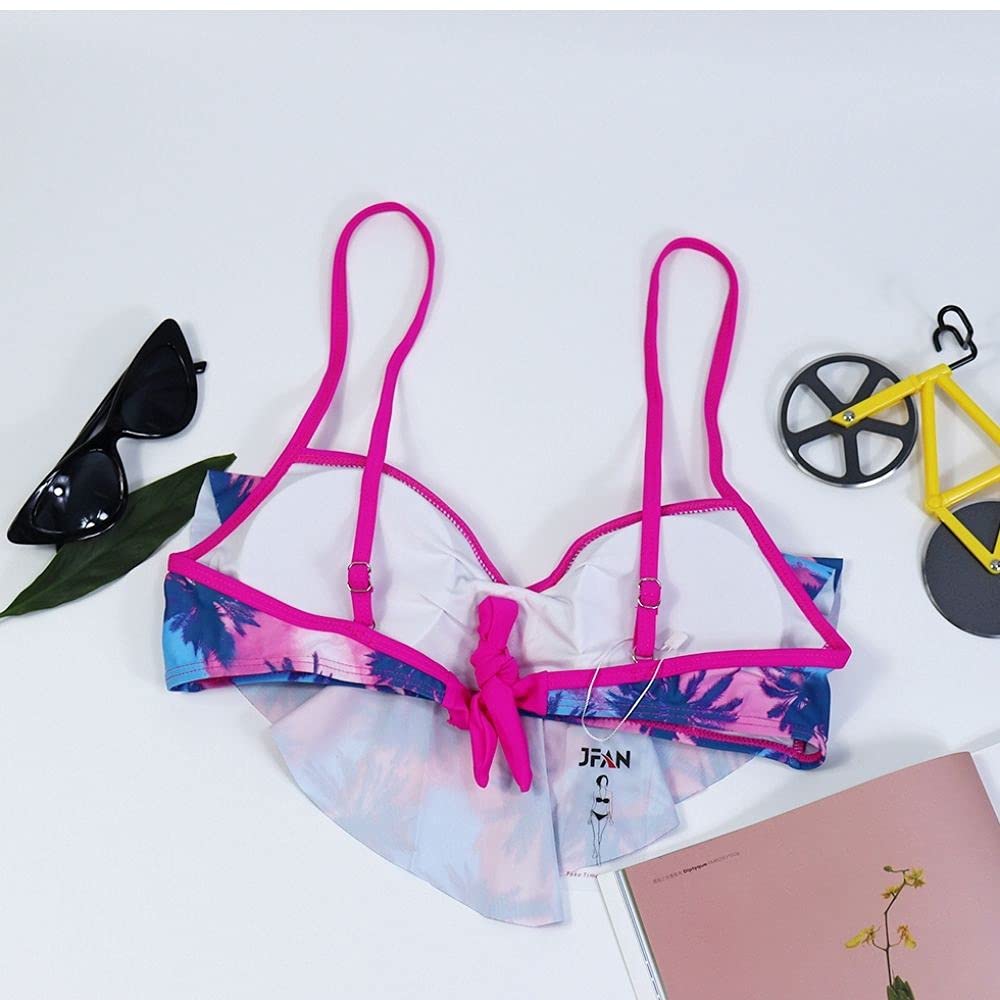 JFAN Costume da Bagno Donna Due Pezzi Bikini A Vita Alta Bottom Increspato Stampa Floreale Halter Ruffle Coordinati Blu L