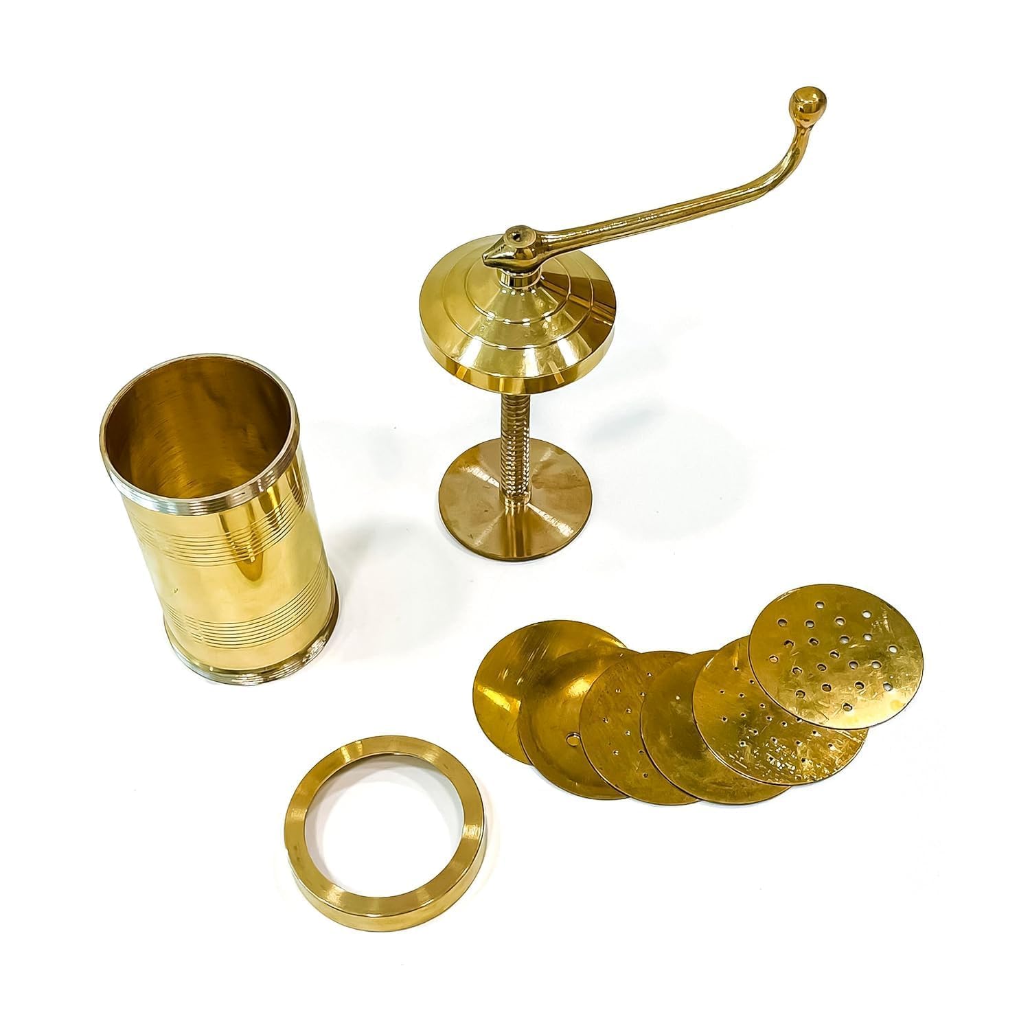 PUSHPA BAA Elegant Pure Brass Sev Chakli Gathiya Sevaia Maker with Removable Bottom Sancha Murukulu Janthikulu Press Machine (Brass, 450gm, Elegant) 3