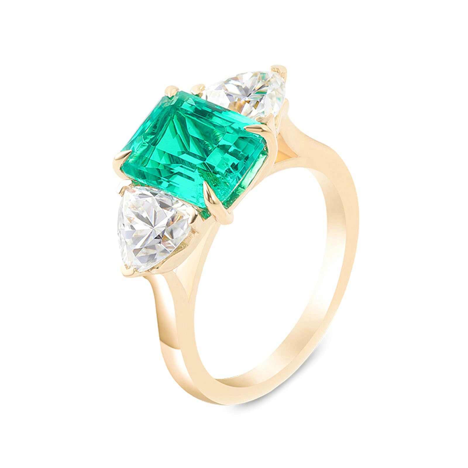 Anillo de compromiso de boda para mujer, anillo de oro amarillo de 18 quilates para mujer, elegante esmeralda creada rectangular de 4 garras, 1 quilate, 3 quilates y moissanita, oro amarillo