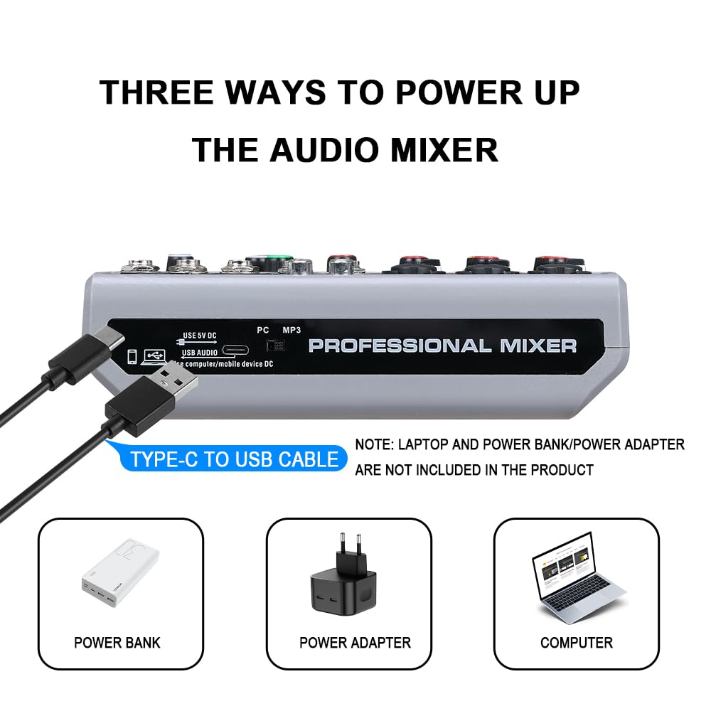 BOMGE Audio Mixer, Sound Board Mixing Console with 5 Channel Digital USB Bluetooth Echo Delay Effect, 48V Phantom Power Stereo DJ Mixers for Recording, Live Streaming, Podcasting (BM-05 5 canales)