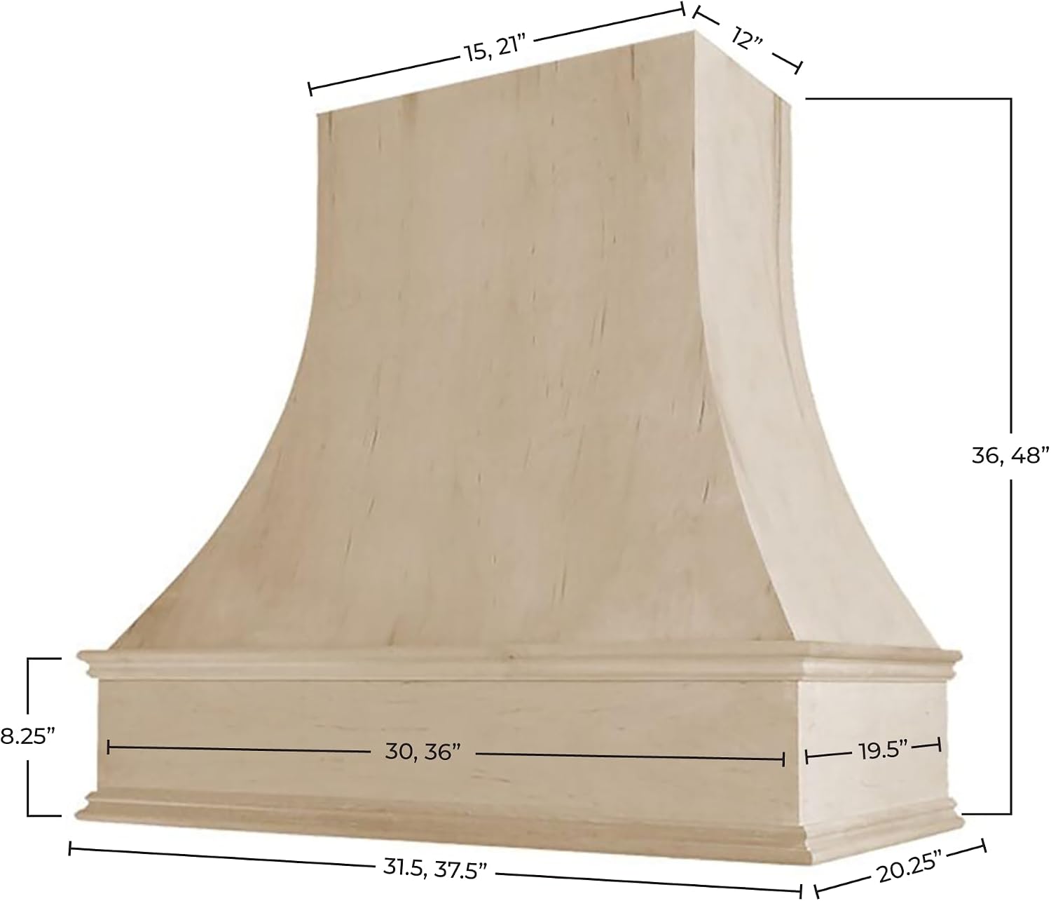 Riley & Higgs Unfinished Wood Kitchen Range Hood Cover, Curved Front Wall Mount Vent Hood, Classic Trim, Plywood with Maple, 37.5” W x 36” H - Quick Ship