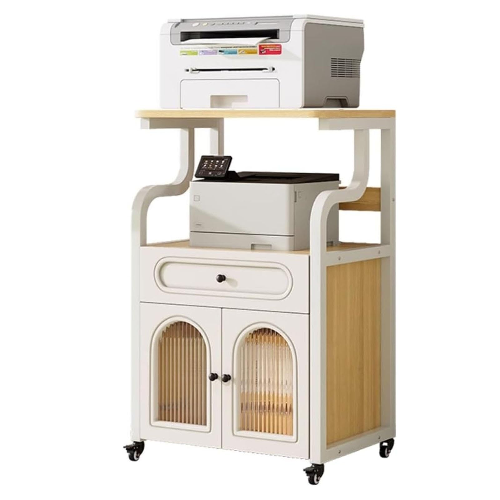 Generisch Mobiler Druckerständer mit Metallrahmen, 3-stufiger Druckerwagen für das Home Office, große Lagerregale und Schublade, kompaktes Druckerregal (weiß, 55 x 40 x 92 cm)