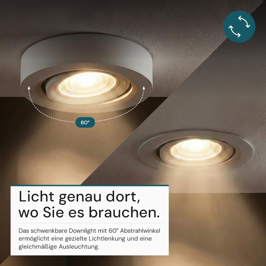 LUXULA LED Einbaustrahler dimmbar flach Weiß 6 Stück - Ein-/Aufbauspot 230V, Deckenleuchte 60° schwenkbar, 5 W 420 lm, CCT 3000K 4000K 6500K, Lochmaß 70-75mm, Deckenspots, LED Aufbaustrahler