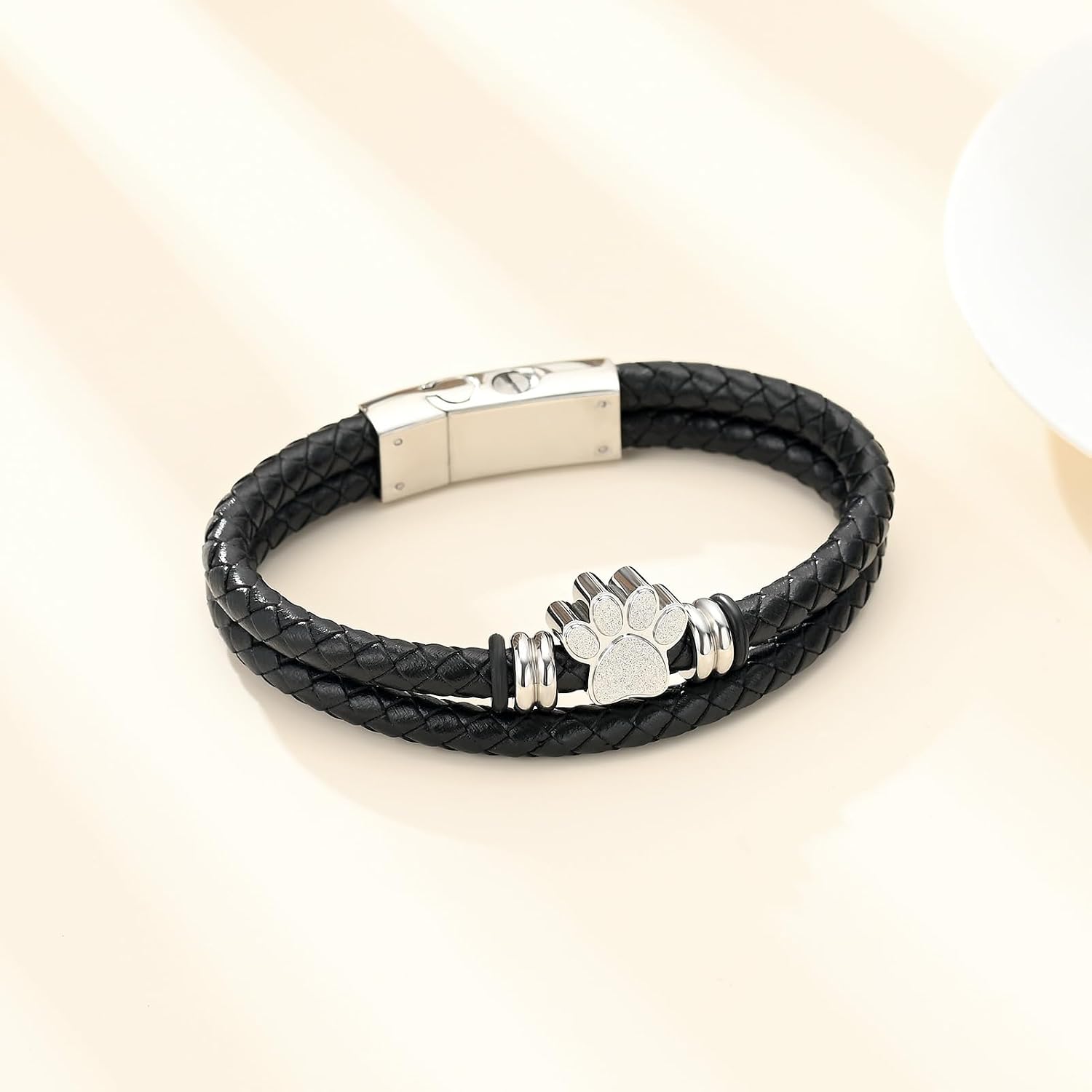 Dog Paw Cremation Bracelet - Braided Leather Urn Jewelry For Pet Ashes Keepsake Memorial
