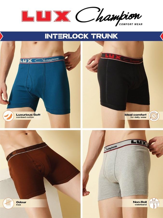 Image of Lux Champion Men's Interlock Trunk | 100% Super Combed Cotton | Breathable, Light & Comfortable Lux Underwear | Pack of 3 (Color May Vary)