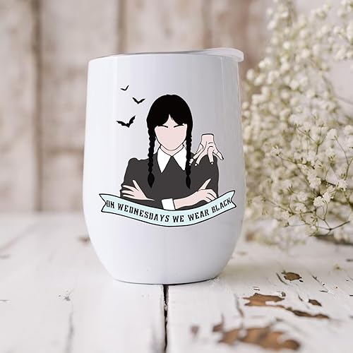 Miniatura 7 de PuGez Vaso de vino Wednesday Merchandise de 12 onzas, vaso de vino negro de acero inoxidable, regalos de mercancía de televisión del miércoles para