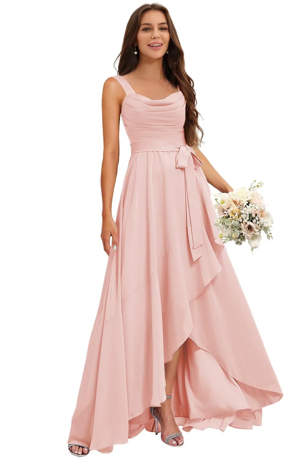 Stylefun Women's Square Neck Bridesmaid Dresses Long Asymmetrical A Line Chiffon Formal Dress with Belt STN036