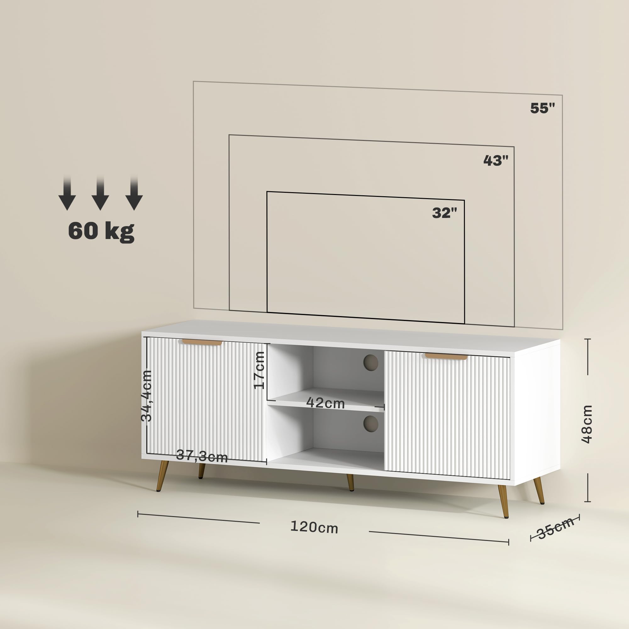 HOMCOM Mueble de TV Moderno para Salón 55 Pulgadas 120x35x48 cm Blanco | 2 Compartimentos Abiertos, 2 Puertas, Mueble para Televisión