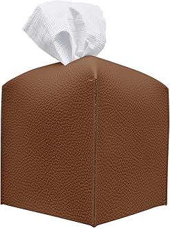 Carrotez Tissue Box Cover, [Refined] Modern PU Leather Square Tissue Box Holder - Decorative Holder/Organizer for Bathroom Vanity Countertop, Night Stands, Office Desk & Car 5"X5"X5" - Camel