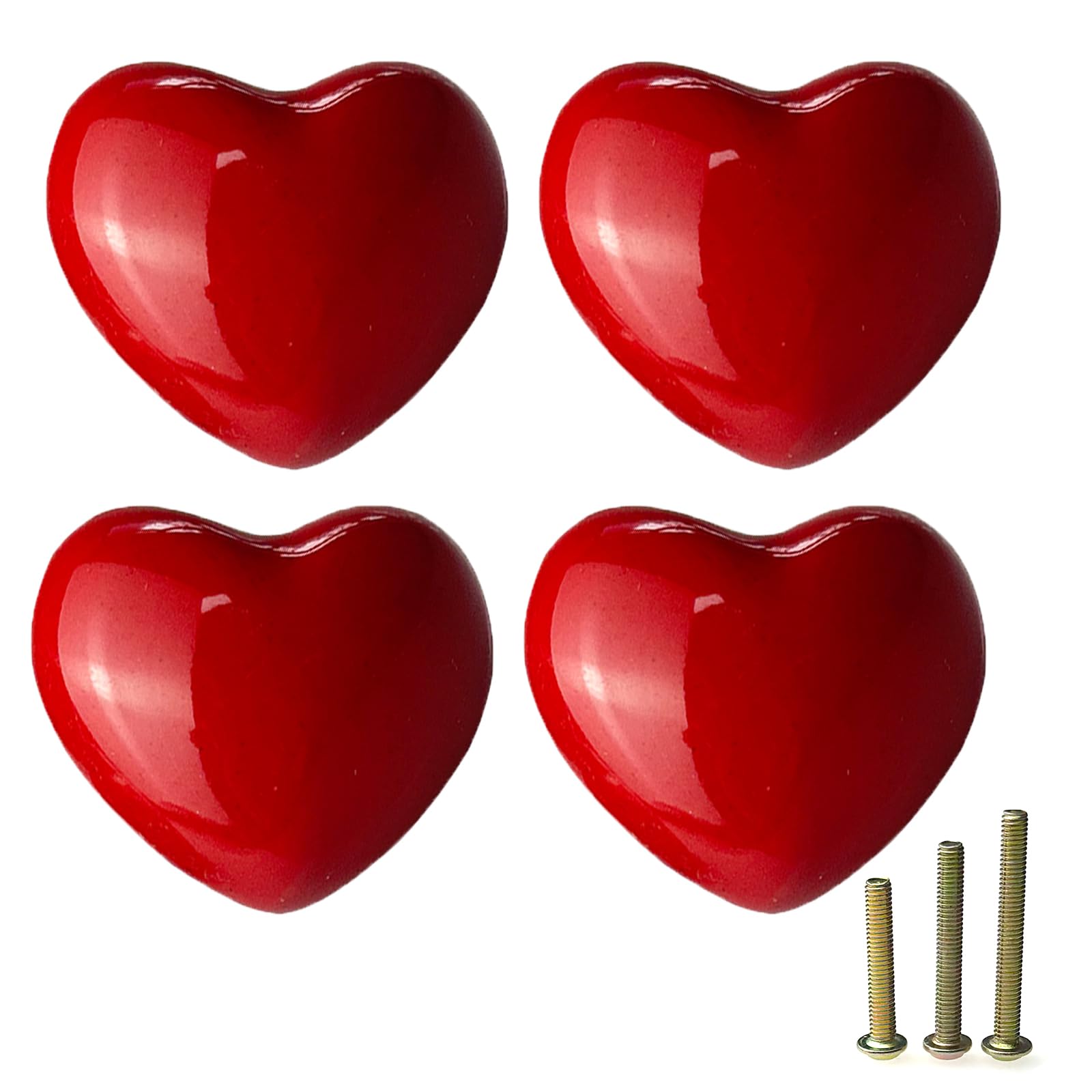 Mimhooy 4 Pack Red Ceramic Drawer Knobs Decorative Cabinet Knobs, Heart Shaped Cupboard Knobs, Knobs for Cupboards & Draws