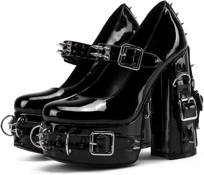 Patent Buckle Spikes Platform Chunky Heels