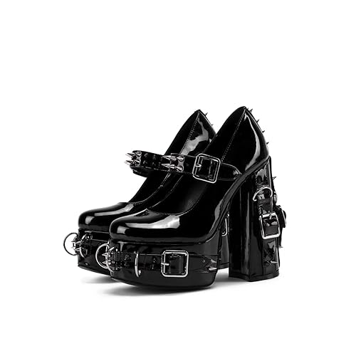 Frankie Hsu Women's Gothic Large Size Black Patent Leather Buckle Belt Ring Rivet Shinny Sexy Platform Chunky High Heels Ankle Strap Heeled Bootie Shoes - 9 - Black