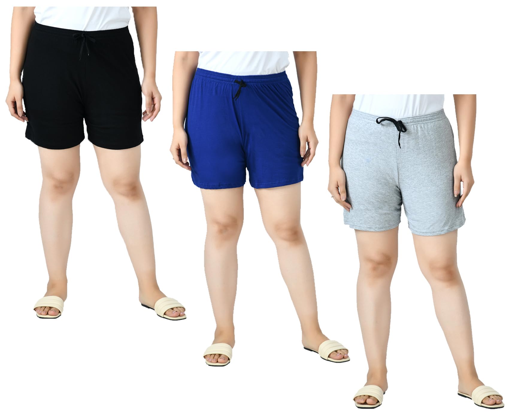 indi weaves Pack of 3 Women Cotton Plain Shorts with Drawstring Elastic Waist Comfortable Casual Lounge Shorts Breathable Fabric Summer Wear Sleepwear Shorts for Women-picture-36