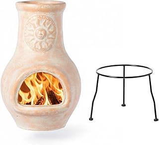 Outdoor Beige Clay Chiminea Outdoor Fireplace Sun Design Charcoal Burning Fire Pit with Sturdy Metal Stand, Barbecue, Cocktail Party, Family Gathering, Cozy Nights Fire Pit