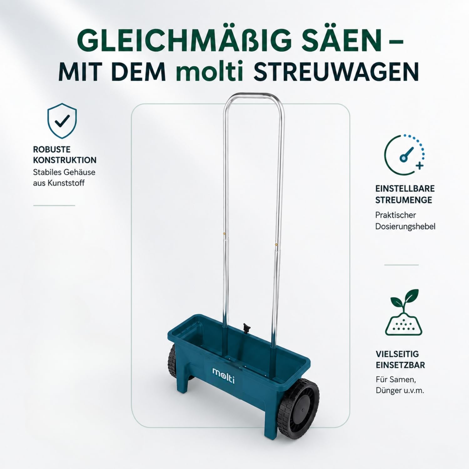 molti Streuwagen Sämaschine 3L 12L 14L Handstreuwagen mit Doppelschubbügel Rasensämaschine Düngerstreuer Salzstreuer Streuer Saatgutstreuer für Rasendünger, Streusalz Rasensamen (12 Liter, Blau)