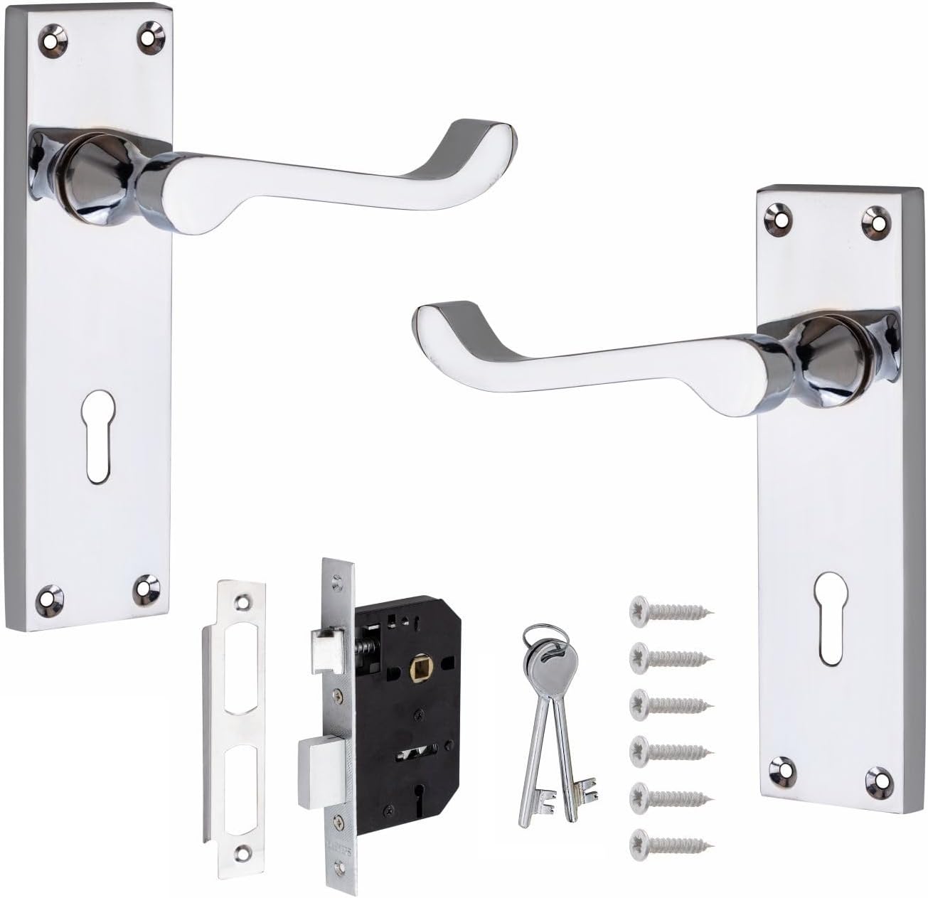 Golden Grace Victorian Scroll Lever Lock Handles 2.5" Key Lock Set | Supplied with spindle, screws, 2 keys, and 64mm cassette mechanism in a polished chrome finish for classic interior doors.