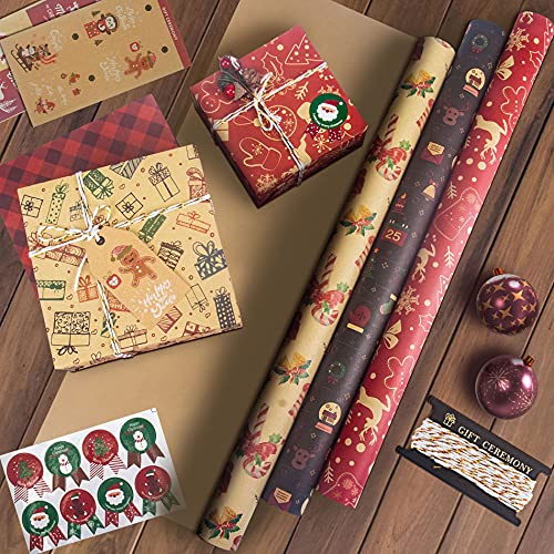 Rancco Christmas Wrapping Paper Set, 10 Sheet Recyclable Kraft Gift Wrapping Paper W/ 8 Pc Gift Sticker Tag, Christmas Ribbon For Xmas Gift Wrap, Present Decoration, Diy Craft, 27.5X19.7Inch Per Sheet #TOP2
