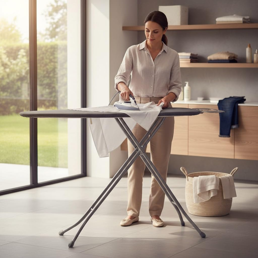 Mesa de Planchar Tabla para Plancha de Vapor Universal Ajustable para Diestros y Zurdos, No se Desliza, Plegable Color Gris. 110x33cm + Reposa planchas metálico con Puntos de Silicona