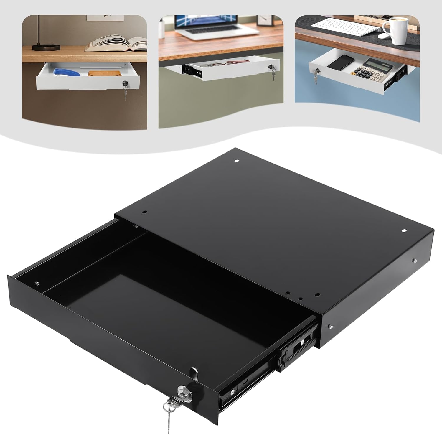 14'' Under Desk Mounted Sliding Pull-out Drawer, Drawer Storage Organizer Pull-out Drawer with Lock Space-Saving, for Office Desk, Pull Handle, Storage Organizer for Sit Stand Workstation, Black