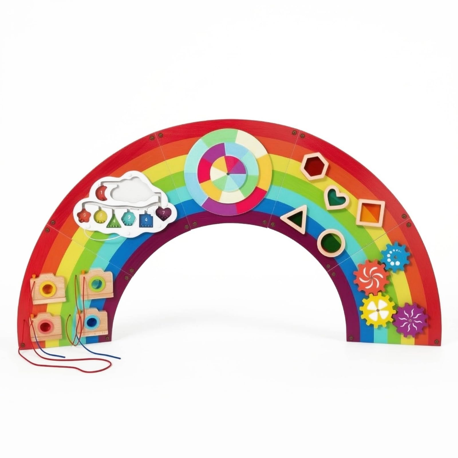 Amagogo Kinder Wandtafel Aktivitätsbrett Lernboard Spieltafel aus Holz mit Schiebern Perlen Zahnrädern Drehteilen zur, 4,8 Kg, Regenbogen Wandspiel
