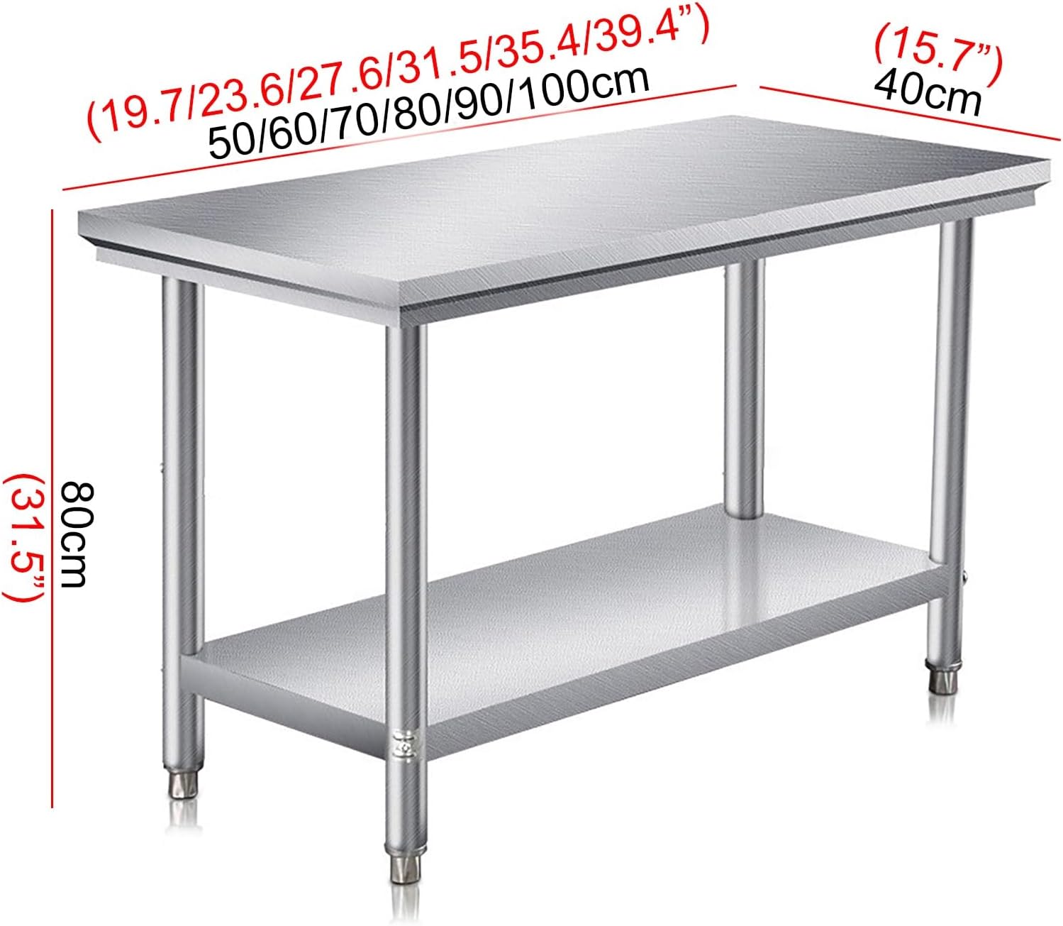 80cm Commercial Stainless Steel Workbench Kitchen Prep Station with Bottom Shelf Worktable Dual-Tier Metal Storage Table Adjustable Legs for Hotel Packing Stations(50x40x80cm/19.7x15.7x31.5”)