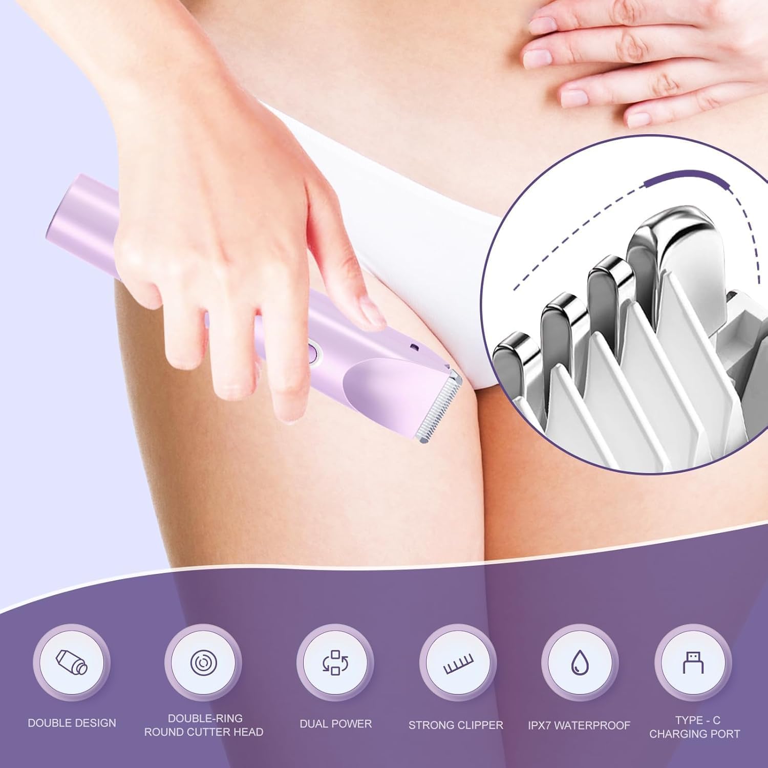 Dermave Bikini Shaver,2 in 1 Dual Head Bikini Trimmer for Women,IPX7 Cordless & Waterproof Electric Shaver Wet & Dry Use,Painless Hair Removal(Light Purple)