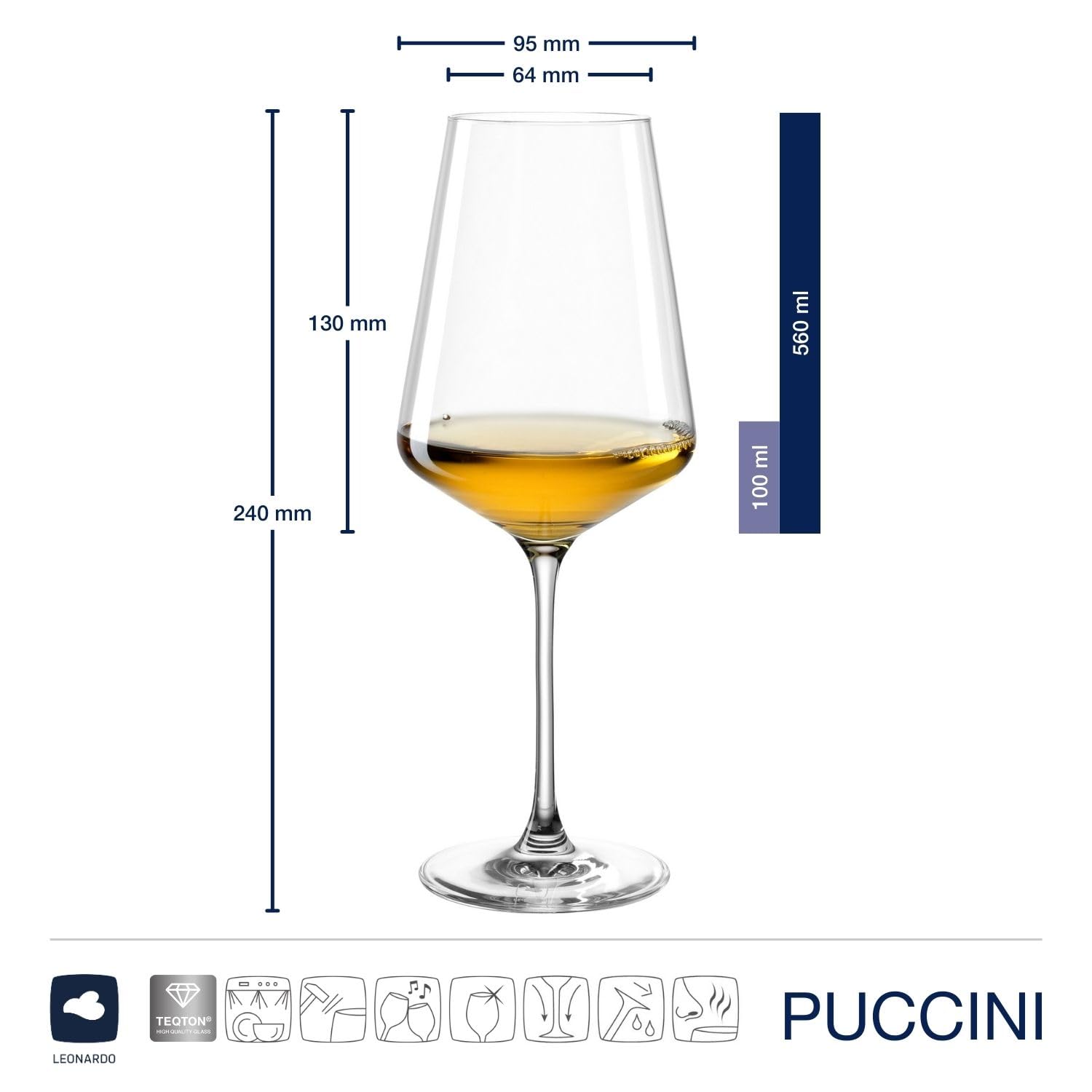 LEONARDO HOME Copas de vino blanco PUCCINI (juego de 6) con paño de pulido • Copas de vino resistentes a los arañazos (560 ml) • Apto para lavavajillas y duradero • Copas atemporales para vino blanco